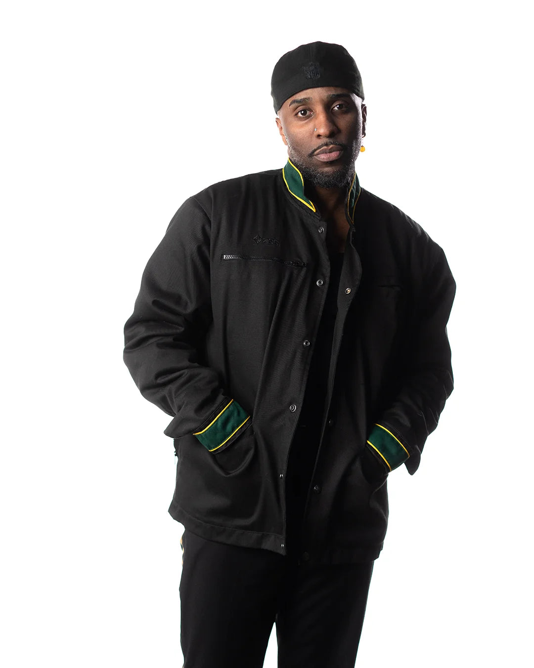 Wind Breaker bofurin black denim jacket model front hands in pockets view