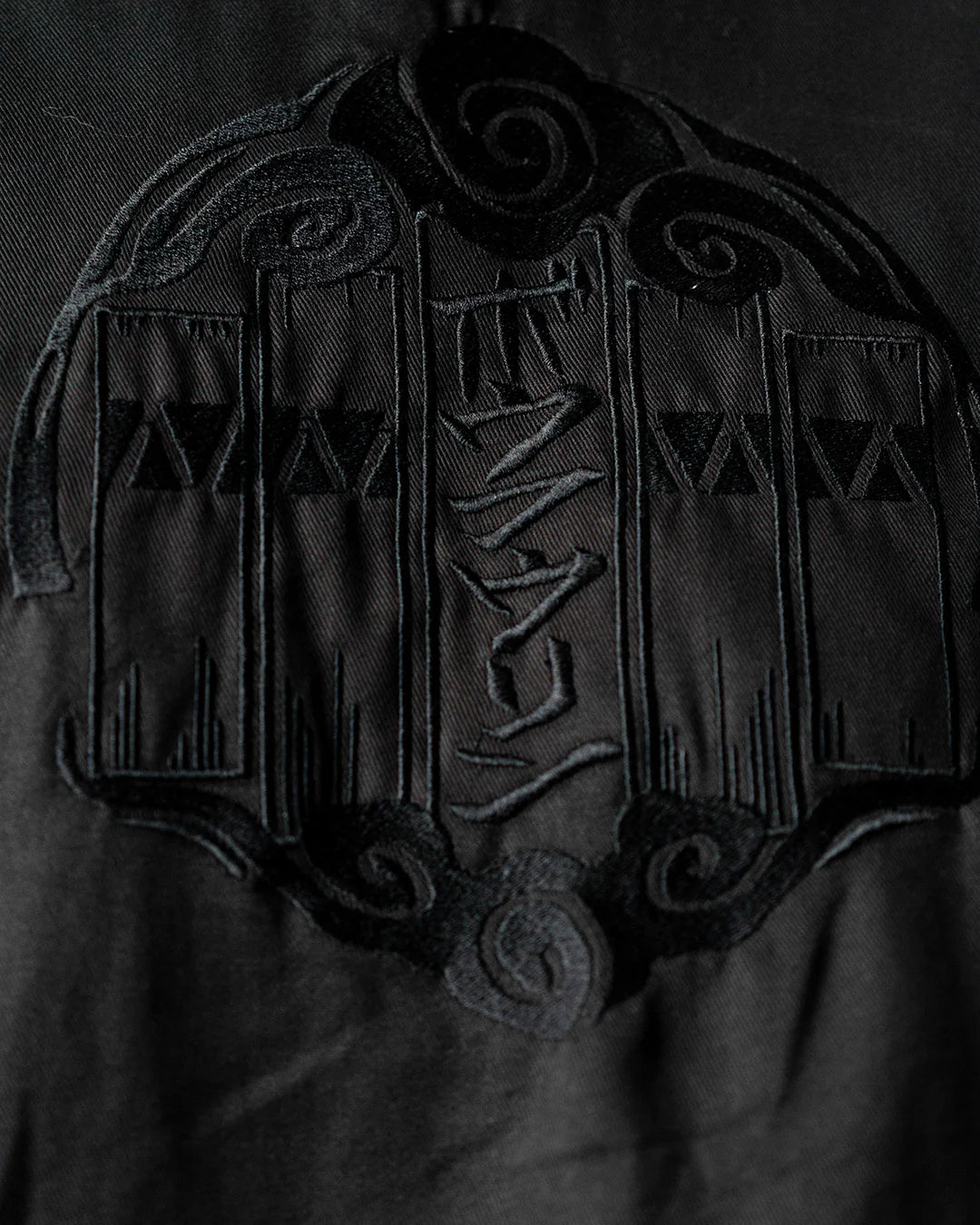 Wind Breaker bofurin black denim jacket tonal back crest embroidery close up