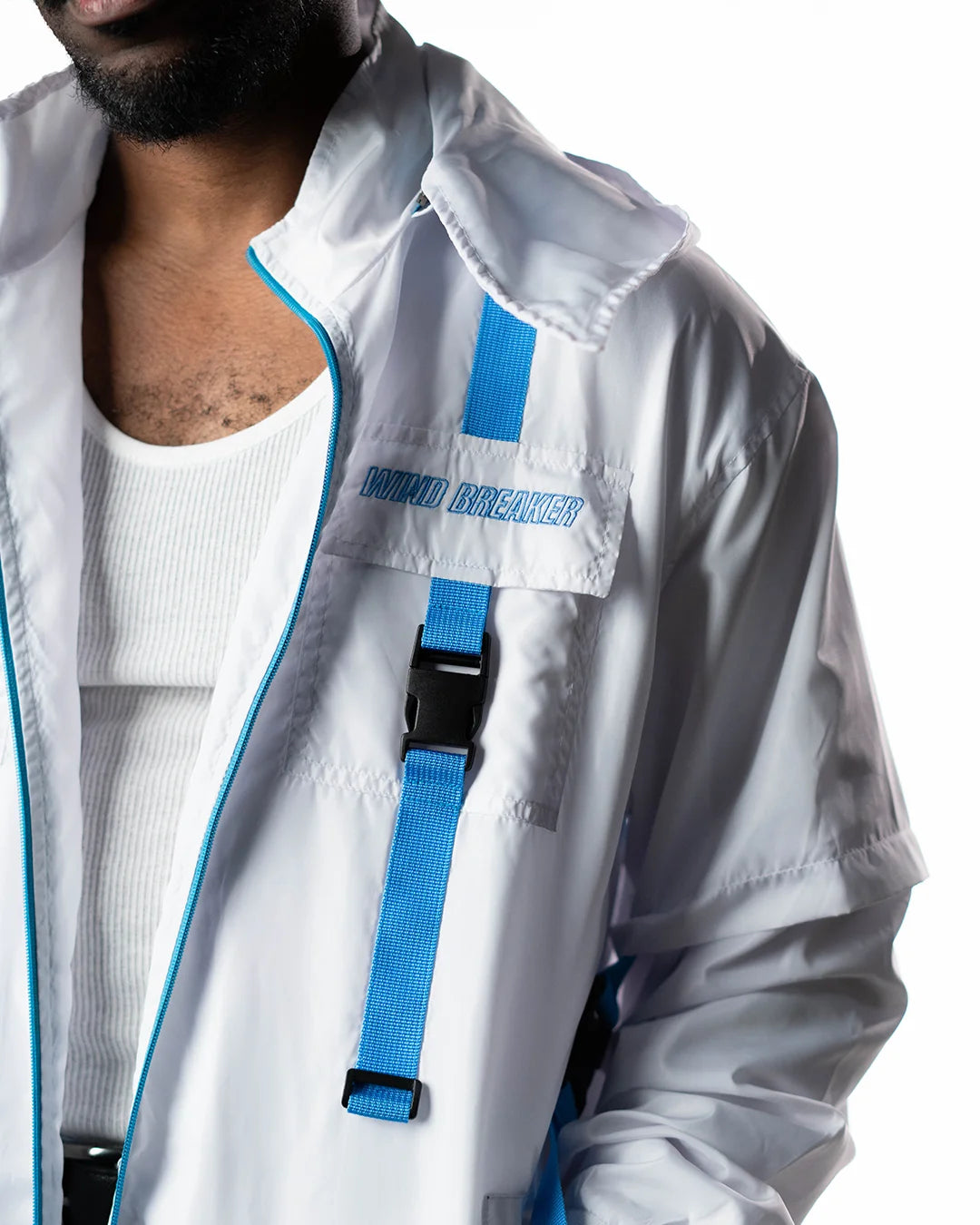 Wind Breaker keel white blue skeleton windbreaker jacket front chest strap detail