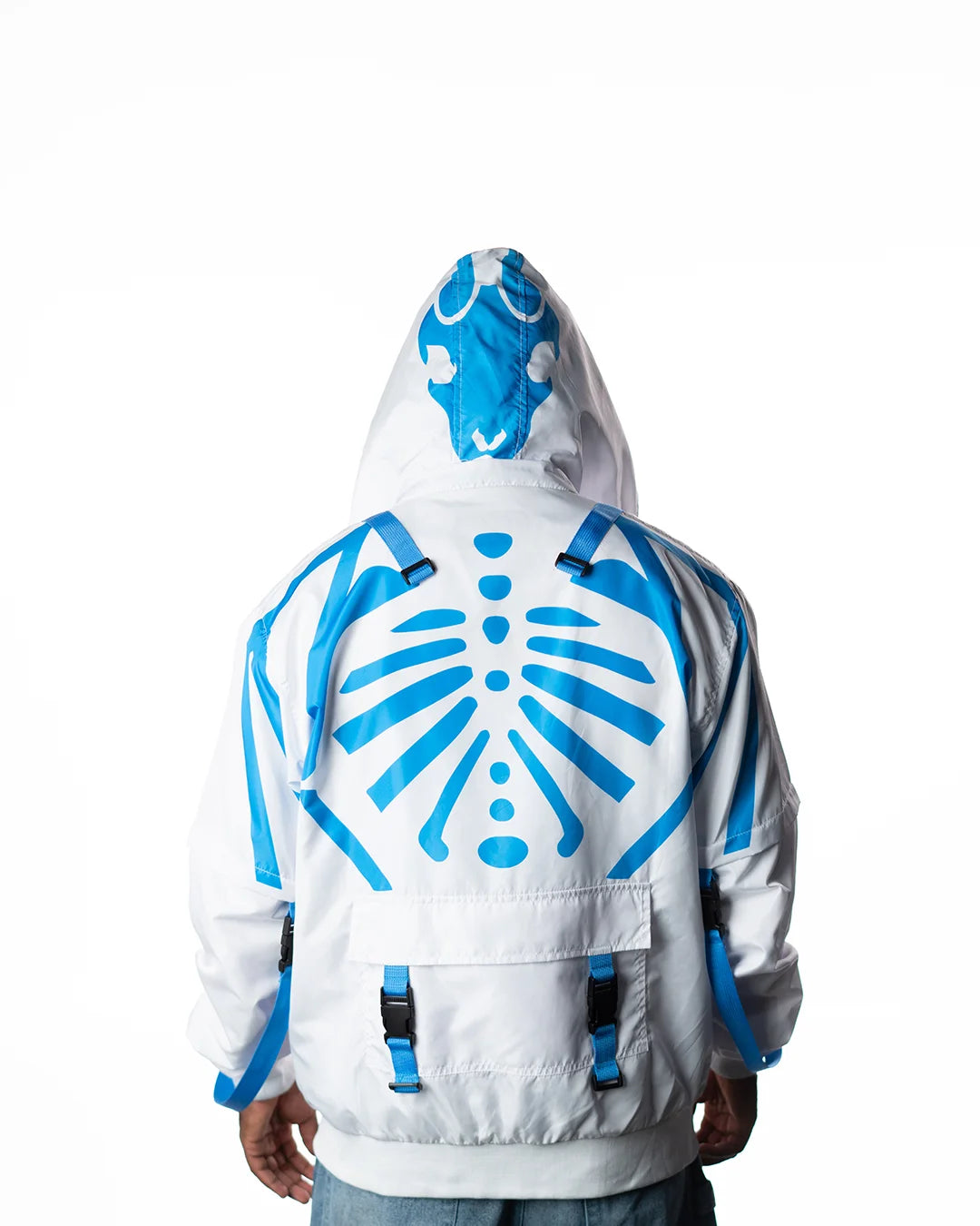 Wind Breaker keel white blue skeleton windbreaker jacket hood up back graphic view