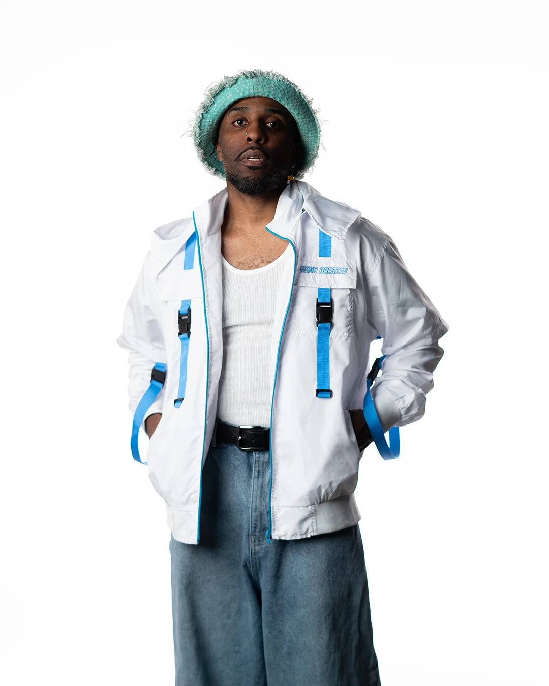 Wind Breaker keel white blue skeleton windbreaker jacket model front full view