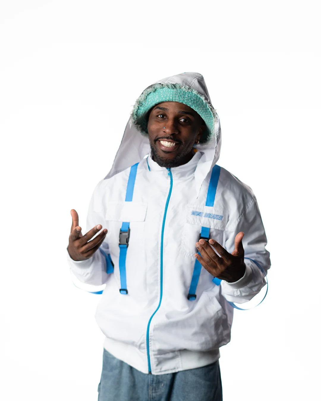 Wind Breaker keel white blue skeleton windbreaker jacket model front hood up view