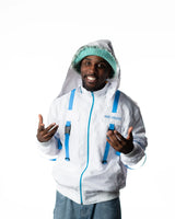Wind Breaker keel white blue skeleton windbreaker jacket model front hood up view