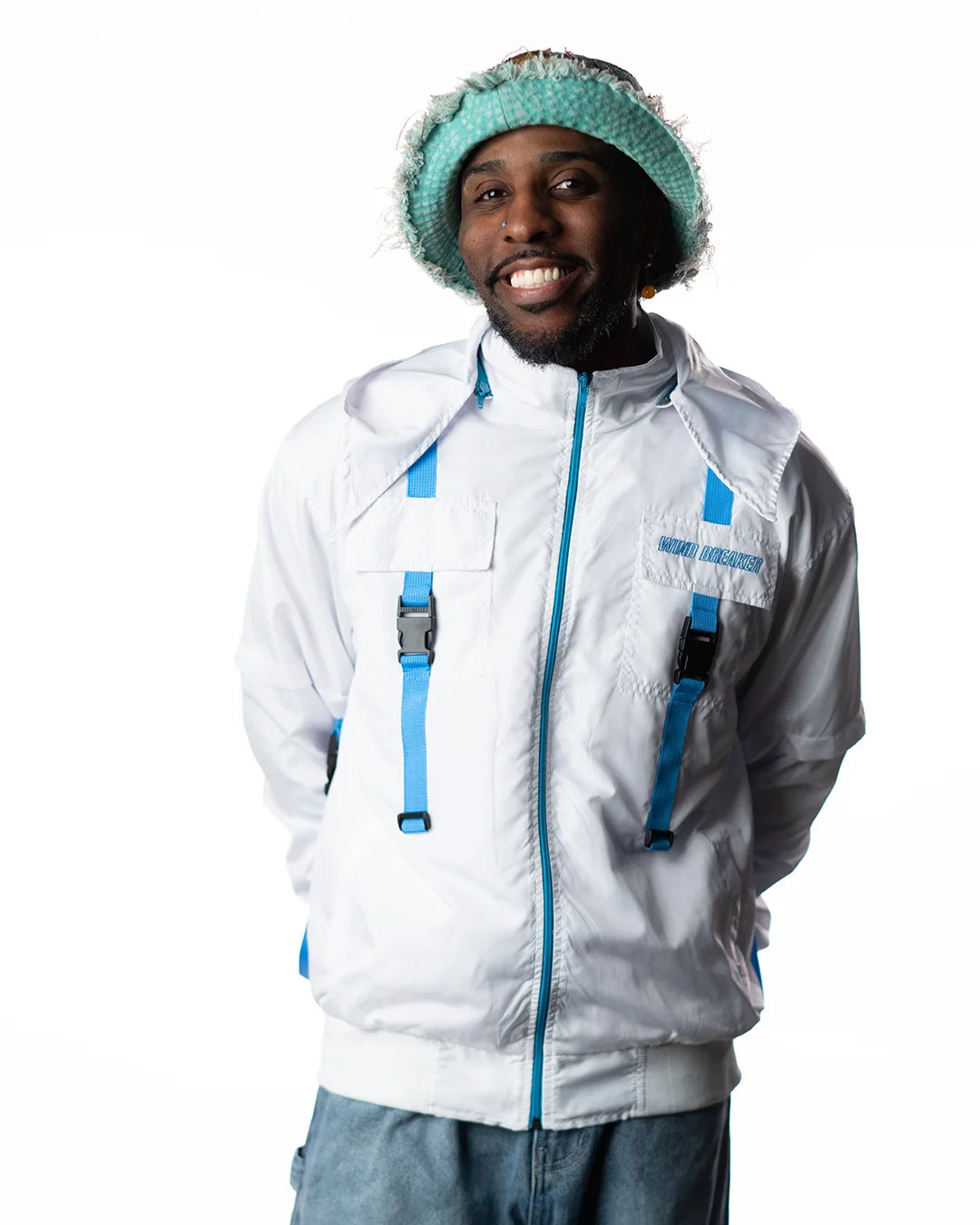 Wind Breaker keel white blue skeleton windbreaker jacket model front zipped view