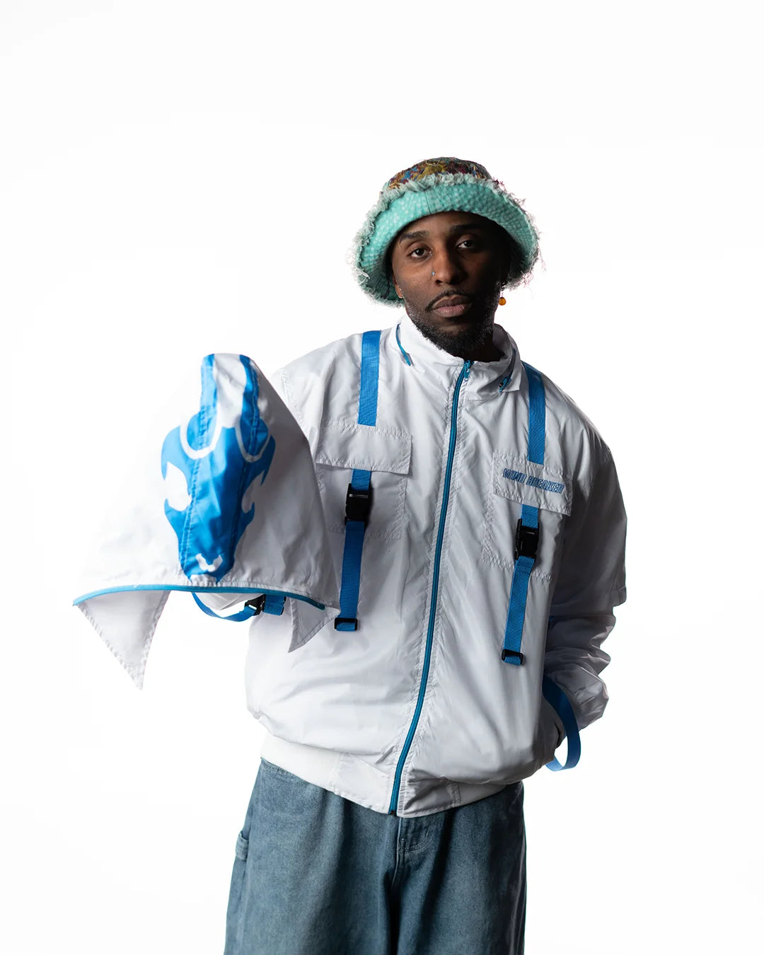 Wind Breaker keel white blue skeleton windbreaker jacket model holding hood detail
