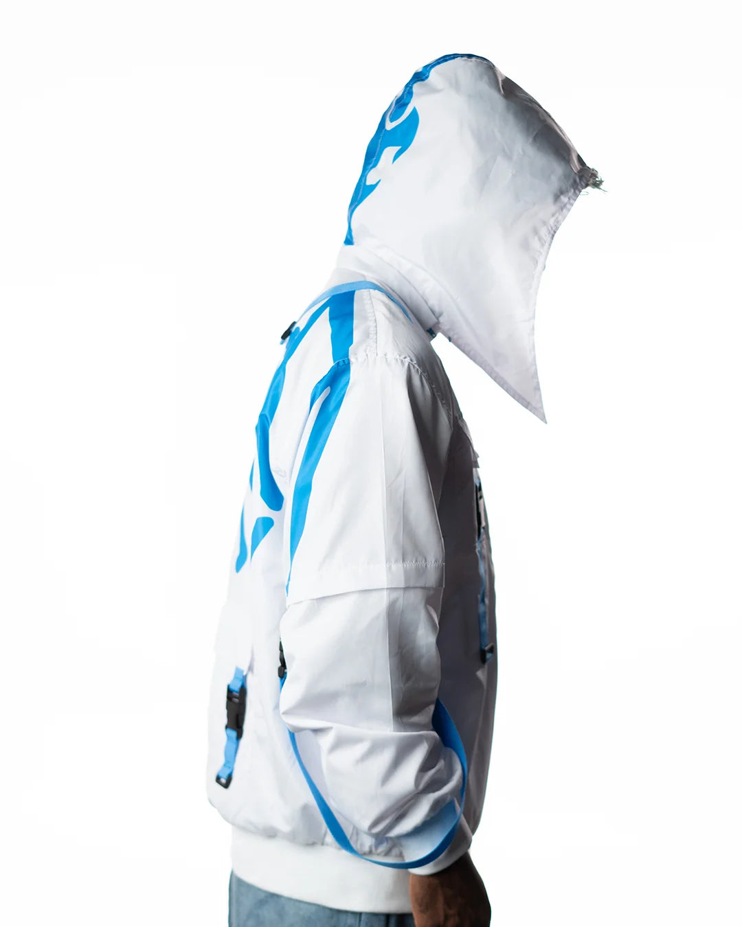 Wind Breaker keel white blue skeleton windbreaker jacket model side profile view
