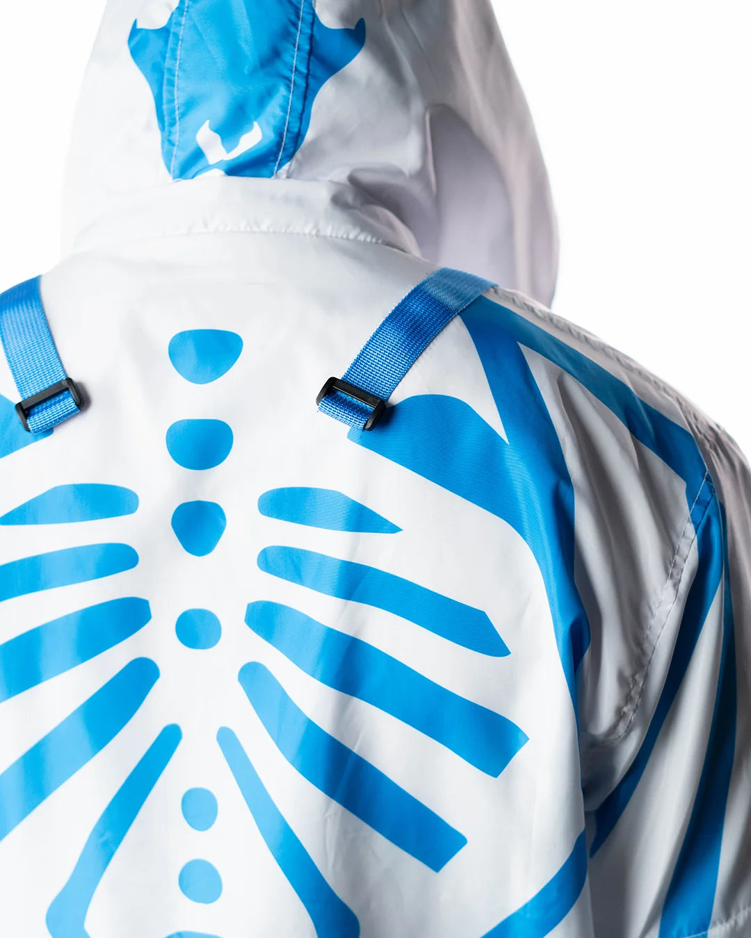 Wind Breaker keel white blue skeleton windbreaker jacket upper back skeleton close up