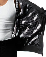 Wind Breaker shishitoren black bomber jacket front pocket and sleeve stripe detail