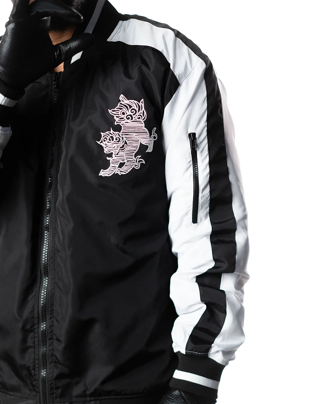 Wind Breaker shishitoren black bomber jacket side pocket and ribbed hem detail