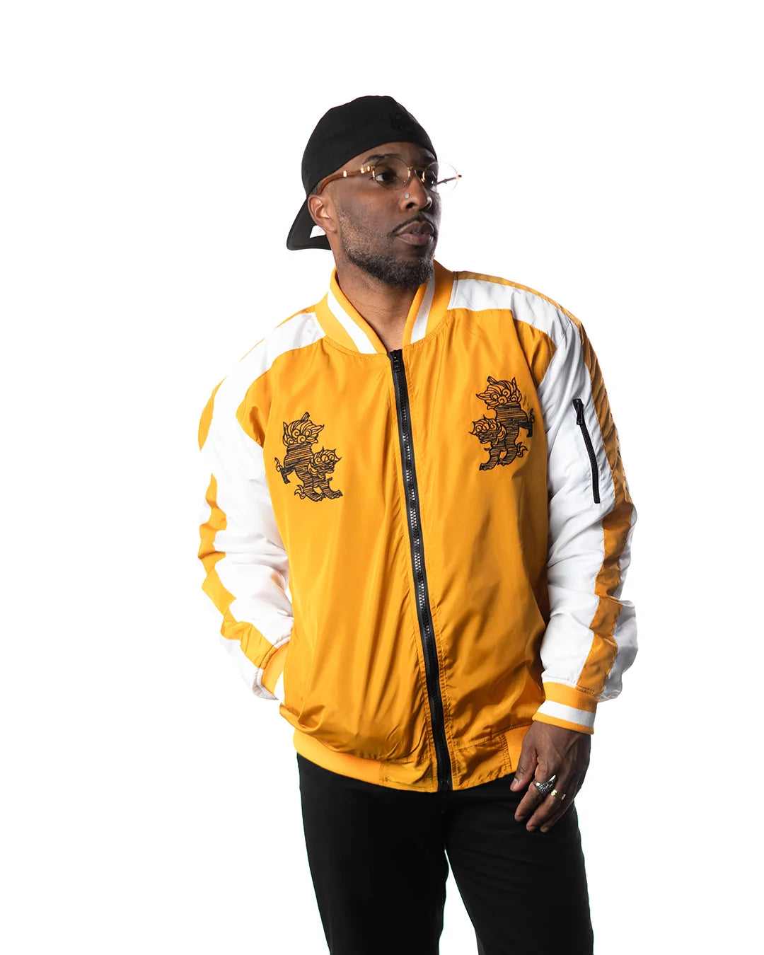 Wind Breaker shishitoren orange bomber jacket model front hands in pockets view